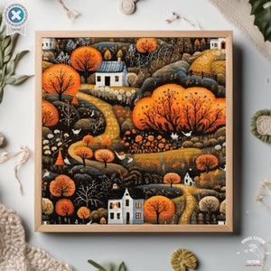 May include: Cross stitch pattern featuring a colorful autumn scene with houses, trees, and a winding path. The pattern is framed in a light wood frame.