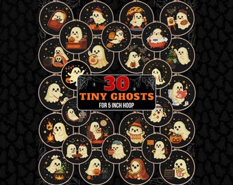 Pode incluir: Uma coleção de 30 pequenos desenhos de bordado de fantasmas para um bastidor de 12,7 cm. Cada desenho apresenta um fantasma fofo em várias cenas temáticas de Halloween, em um fundo preto. Os fantasmas são retratados em diferentes poses.