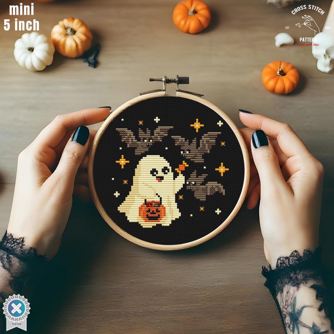 Tiny Halloween Cross Stitch Pattern Funny Ghost With Bat Embroidery ...