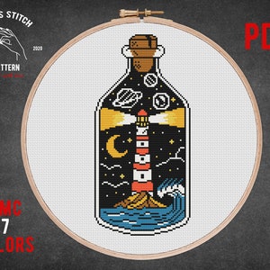 Padrão de ponto cruz de farol estilo tatuagem, gráfico de bordado do mar noturno, ponto cruz de paisagem moderna, desenho de bordado da natureza do oceano pdf