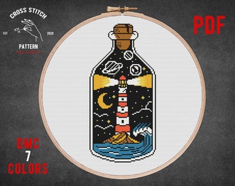 Tattoo style lighthouse cross stitch pattern, Night Sea Embroidery chart, modern landscape cross stitch, Ocean nature embroidery design pdf