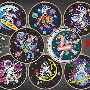 宇宙飛行士のクロスステッチパターン8点セット 宇宙テーマの刺繍 銀河チャート 宇宙飛行士 子供部屋の壁飾り 月の満ち欠け xstitch オタク向けギフト
