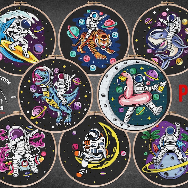 SET OF 8 Astronaut cross stitch pattern Space theme embroidery Galaxy chart Cosmonaut Kids room wall decor Moon phase xstitch Geeky gift