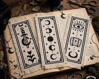 Gothic Bookmark Cross Stitch Pattern Set: Moon Dagger Eye Witchy Embroidery (PDF Pattern)