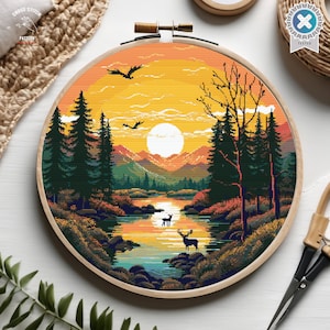 Colorful Landscape Cross Stitch Pattern Deer cross stitch sunset Lake embroidery Mountain cross stitch Nature landscape Scene cross stitch