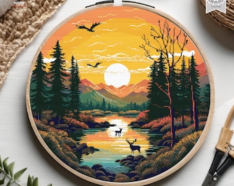 Colorful Landscape Cross Stitch Pattern Deer cross stitch sunset Lake embroidery Mountain cross stitch Nature landscape Scene cross stitch