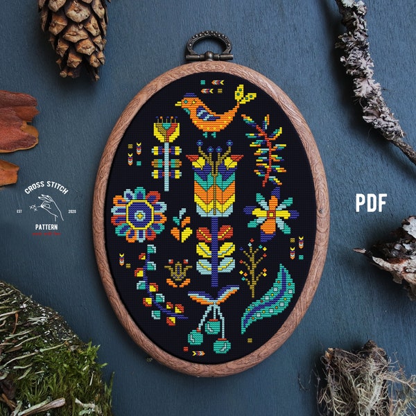 Folk cross stitch pattern Bird Scandinavian cross stitch Nordic embroidery Cottagecore vintage ornament Modern embroidery Flower xstitch