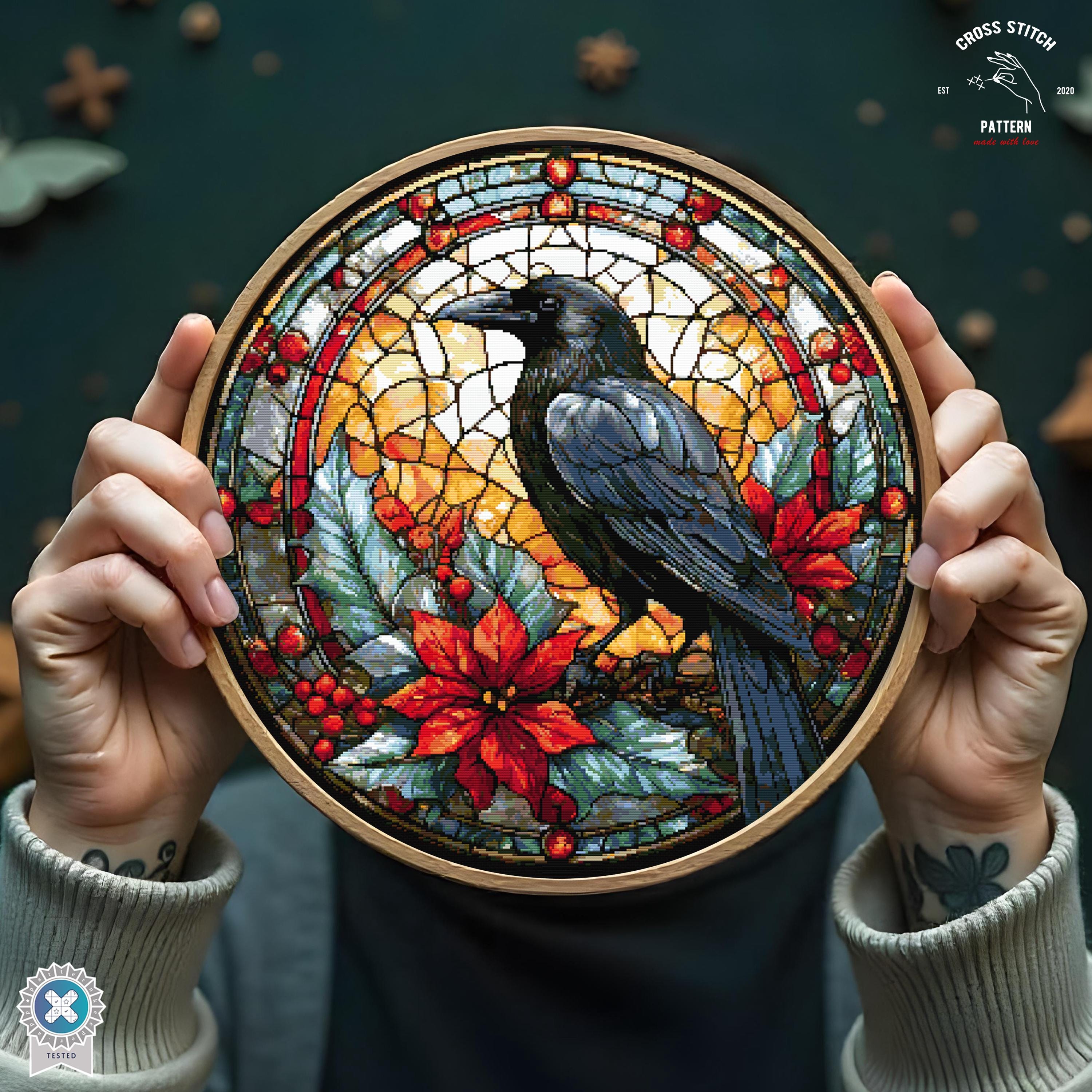 Stained Glass Raven Cross Stitch Pattern Gothic Crow Cross Stitch
