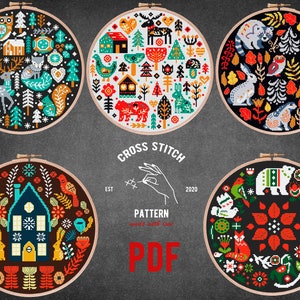 SET OF 5 Scandinavian cross stitch pattern Nordic cross stitch Advent calendar embroidery Christmas ornament Folk theme Holiday home decor