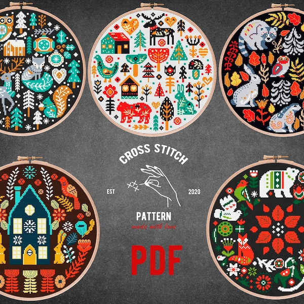 SET OF 5 Scandinavian cross stitch pattern Nordic cross stitch Advent calendar embroidery Christmas ornament Folk theme Holiday home decor