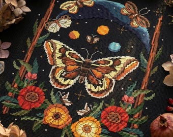 Moth Cross Stitch Pattern PDF, Celestial Butterfly Embroidery Design, Night Garden Insect Needlework Chart