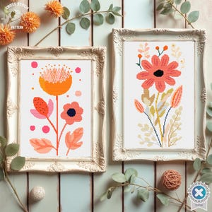 Kreuzstich Stickmuster mit Pflanzenmotiv, modernes Blumendesign, lebendige Stickerei, DIY Kit, kräftige Blumenwandkunst, bunte botanische Dekorationswandkunstkarte