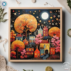 Grille point de croix maisons de village paysage urbain nuit ciel étoilé vintage automne maison de campagne jardin maisons point de croix grille pleine lune