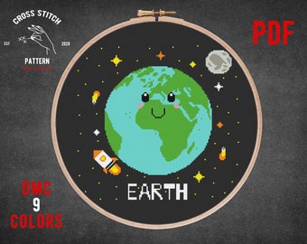 Earth embroidery Baby cross stitch pattern Solar System embroidery Galaxy Space theme DIY nursery wall decor Astronaut moon phase xstitch