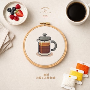 Mini French Press Cross Stitch Pattern PDF, Coffee Pot Easy Beginner Embroidery, Kitchen Kawaii Quick Stitch Design Instant Download