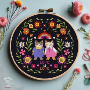Lesbian cross stitch Pride cross stitch pattern LGBT Gay Trans bisexual Gay agenda Feminist Vulgar counted cross stitch Floral cute cat