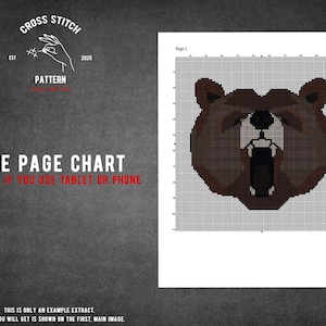 May include: Cross stitch pattern chart for a brown bear with an open mouth. The chart is one page and is helpful for using on a tablet or phone. The text "EST 2020 CROSS STITCH PATTERN" is at the top of the chart.