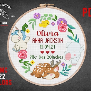 Floral Birth announcement cross stitch pattern Custom boy girl kids nursery decor embroidery Gift DIY baby room
