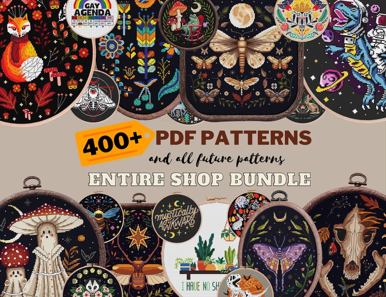 Entire Shop Bundle cross stitch pattern Access lifetime pack Witchy Moth Folk full coverage cottagecore embroidery instant download pdf image 1