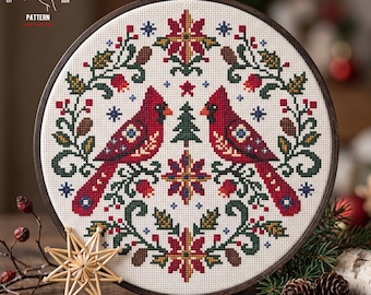 Red Cardinal Cross Stitch Pattern: Scandinavian Christmas Folk Art Bird Design (PDF Pattern)