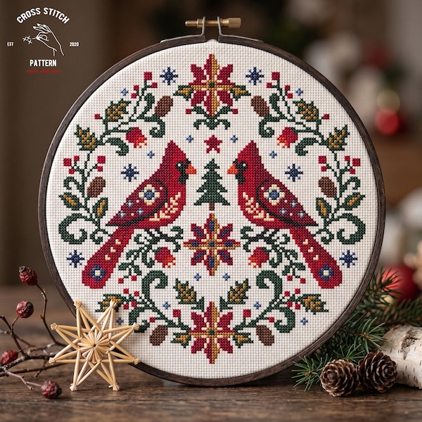 Red Cardinal Cross Stitch Pattern: Scandinavian Christmas Folk Art Bird Design (PDF Pattern)