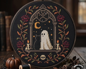 Ghost with Black Cat Cross Stitch Pattern: Gothic Halloween Tombstone Design (PDF Pattern)
