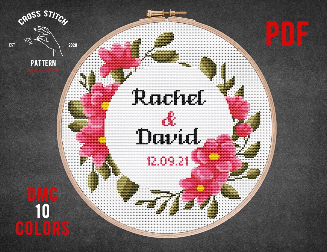 Custom Wedding Cross Stitch Pattern Engagement Xstitch Floral Wreath