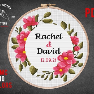 Custom Wedding cross stitch pattern Engagement xstitch Floral wreath personalized bridal gift DIY Love anniversary Wedding record embroidery