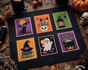 Halloween kruissteekpatroon: Mini stempelset met spook, heks en kat, griezelig ontwerp (PDF-patroon)