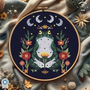 Frog cross stitch pattern Witchy cross stitch Mushroom cross stitch Cottagecore Toad Mystical Moon Phases Insect Gothic Moth cross stitch
