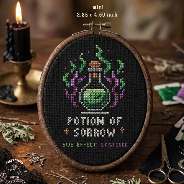 Witchy Potion Bottle Quote Cross Stitch Pattern PDF, Gothic Dark Humor Mini Embroidery Chart