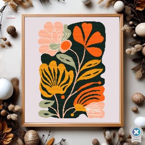 Plant kruissteekpatroon, modern bloemdessin, levendig borduurwerk, doe-het-zelfpakket, gedurfde bloem kunst aan de muur, kleurrijk botanisch decor kunst aan de muur