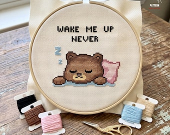 Kruissteekpatroon slapende beer: grappig citaat klein kawaii-ontwerp (pdf-patroon)