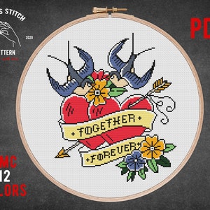 Tattoo style swallows cross stitch pattern, modern embroidery with heart and swallows, cross stitch with quotes, Nature embroidery design