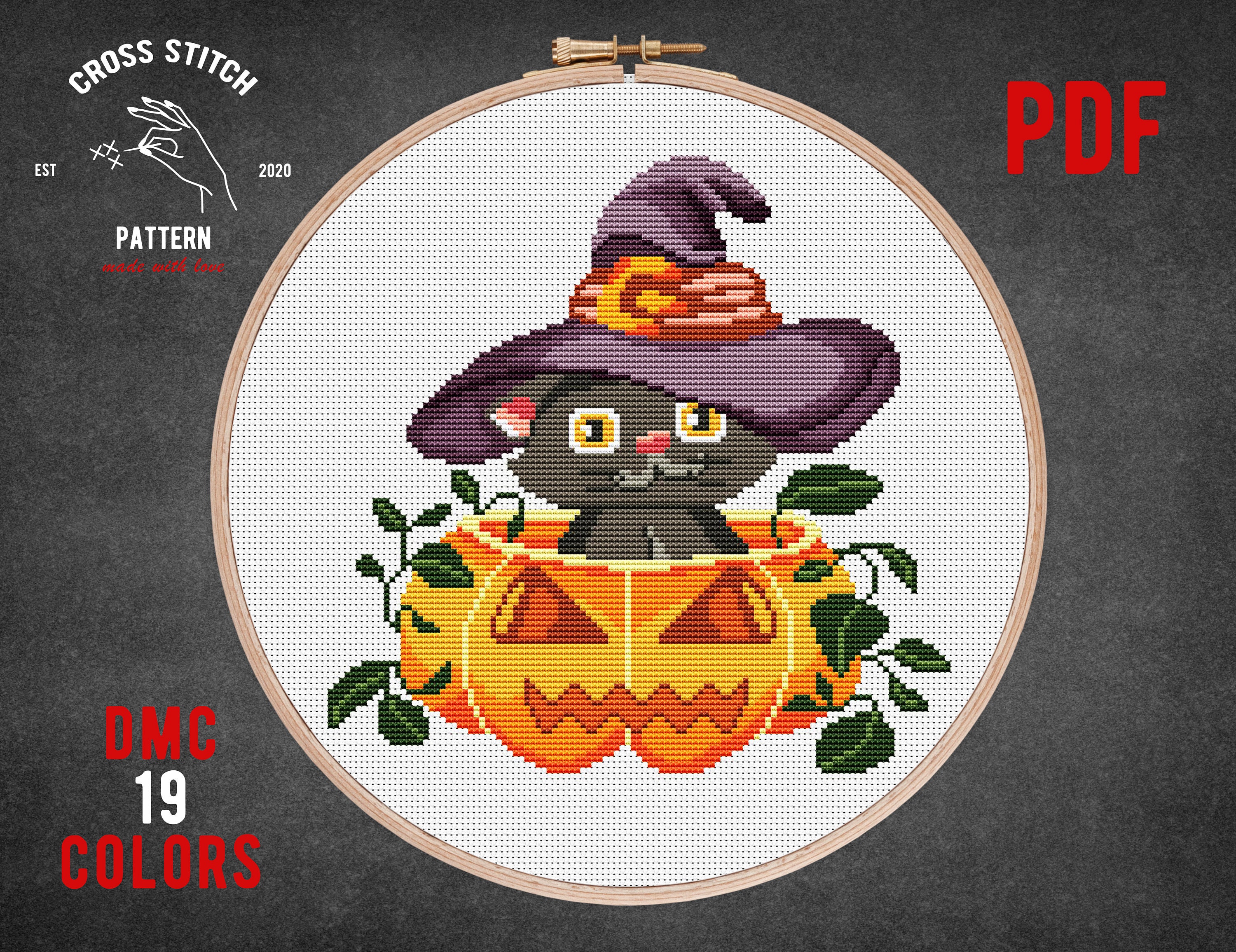 Halloween Cat Cross Stitch Pattern Ghost Pumpkin Embroidery Spooky ...
