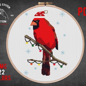 Red cardinal cross stitch pattern Cristmas ornaments Geometric bird forest animal Embroidery Instant download Pdf
