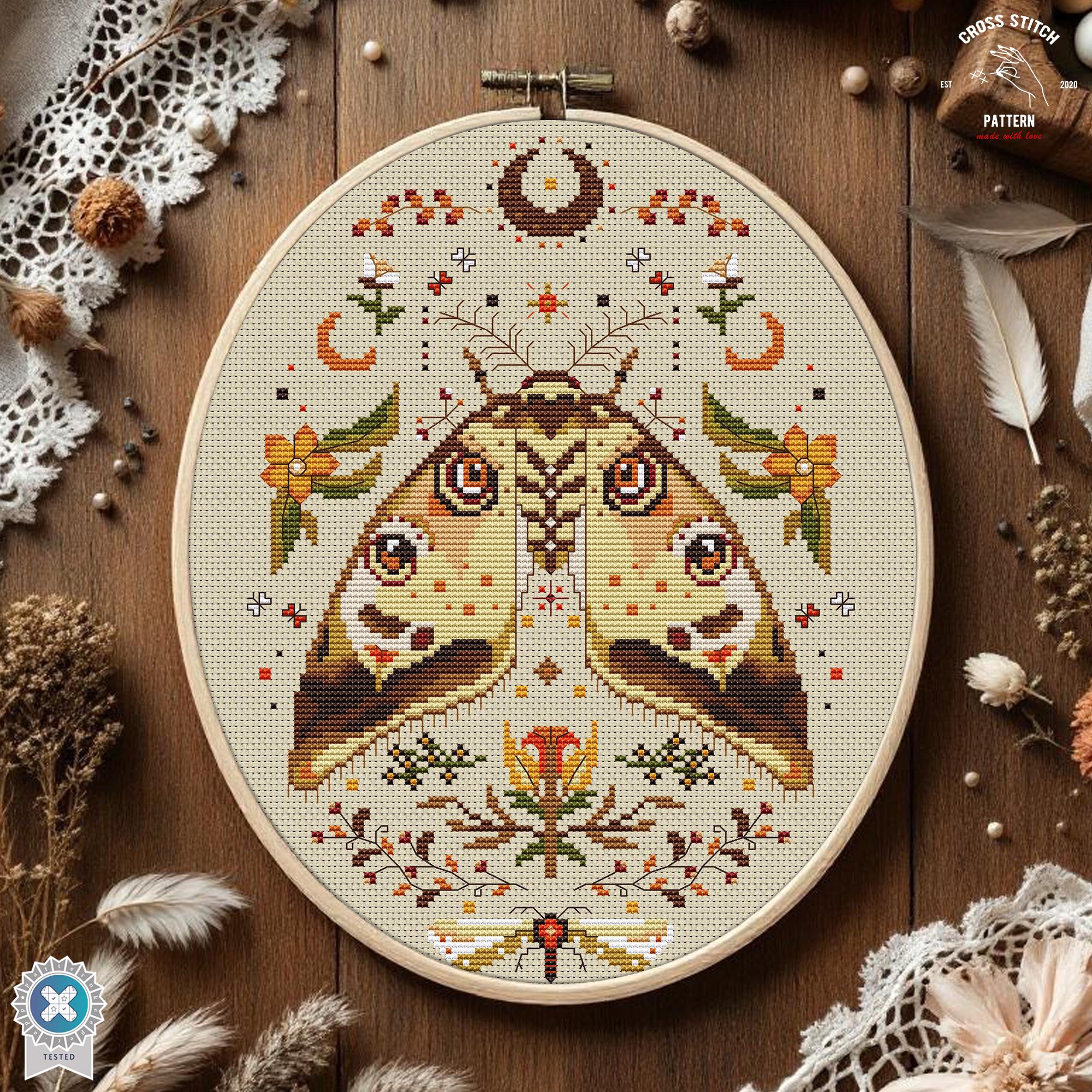 Folk Moth Cross Stitch Pattern PDF, Botanical Insect Embroidery Chart ...