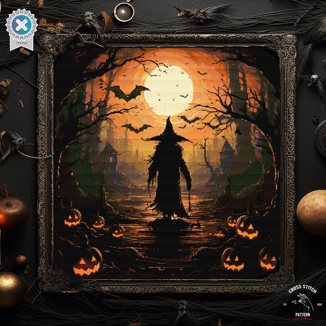 Halloween Witch Cross Stitch Pattern Spooky Cross Stitch Scarecrow ...