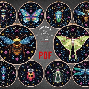 Set Insect cross stitch pattern Floral Modern embroidery Bee Luna Moth Bug Stag Butterfly Spider Dragonfly Gothic Ornament flower home decor