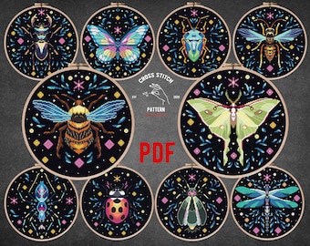 Set Insect cross stitch pattern Floral Modern embroidery Bee Luna Moth Bug Stag Butterfly Spider Dragonfly Gothic Ornament flower home decor