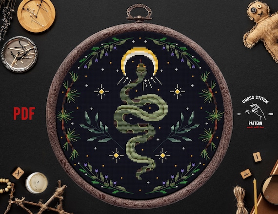 Snake cross stitch Satanic cross stitch Gothic cross stitch Witchy reptile embroidery Floral Serpent Occult cross stitch Moon embroidery pdf