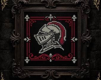Pode incluir: Padrão de ponto cruz de um capacete de cavaleiro em branco, vermelho e preto, emoldurado em uma moldura escura e ornamentada. O design apresenta uma silhueta detalhada do capacete com uma pluma vermelha, sobre um fundo preto. A moldura tem enfeites decorativos.