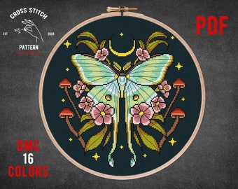 Mushroom cross stitch pattern Moth cross stitch Witch embroidery Modern Gothic cross stitch Mystical forest goblincore Cottagecore decor