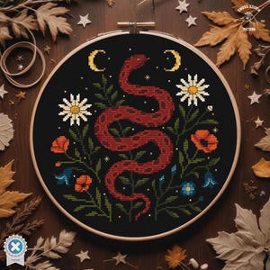 Snake cross stitch Witchy reptile embroidery Goth cross stitch Dark Satanic cross stitch Floral Serpent Occult cross stitch Moon embroidery
