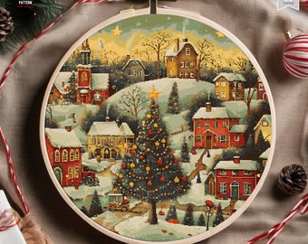 May include: A cross stitch pattern of a winter village scene with a large Christmas tree in the center. The village is covered in snow and there are houses, a church, and a few trees. The sky is a light blue with stars and the sun is setting in the background.