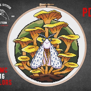 Mushroom cross stitch pattern Luna Moth Butterfly embroidery Modern Gothic cross stitch Mystical mushrooms Witch theme Cottagecore decor