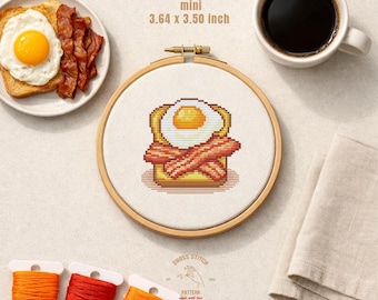 Padrão de ponto cruz de torrada com bacon e ovo, mini bordado de café da manhã em PDF, desenho fácil para iniciantes em comida de cozinha.