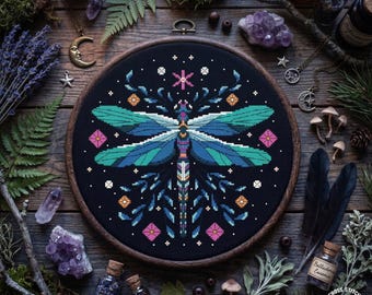 Dragonfly Cross Stitch Pattern PDF, Celestial Insect Embroidery Chart, Night Sky Needlework Design