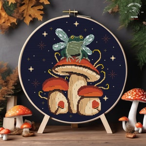 Frog cross stitch Mushroom cross stitch Toad cross stitch Cottagecore embroidery Gothic cross stitch Goblincore Witch xstitch Moth stitch