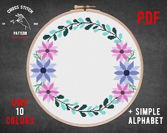 Floral border, Flowers cross stitch PDF circle, Floral wreath cross stitch pattern, your text here, beautiful flowers diy gift